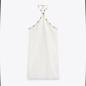 Zara White Halter Neck Beaded Linen Dress with Embroidered Trim